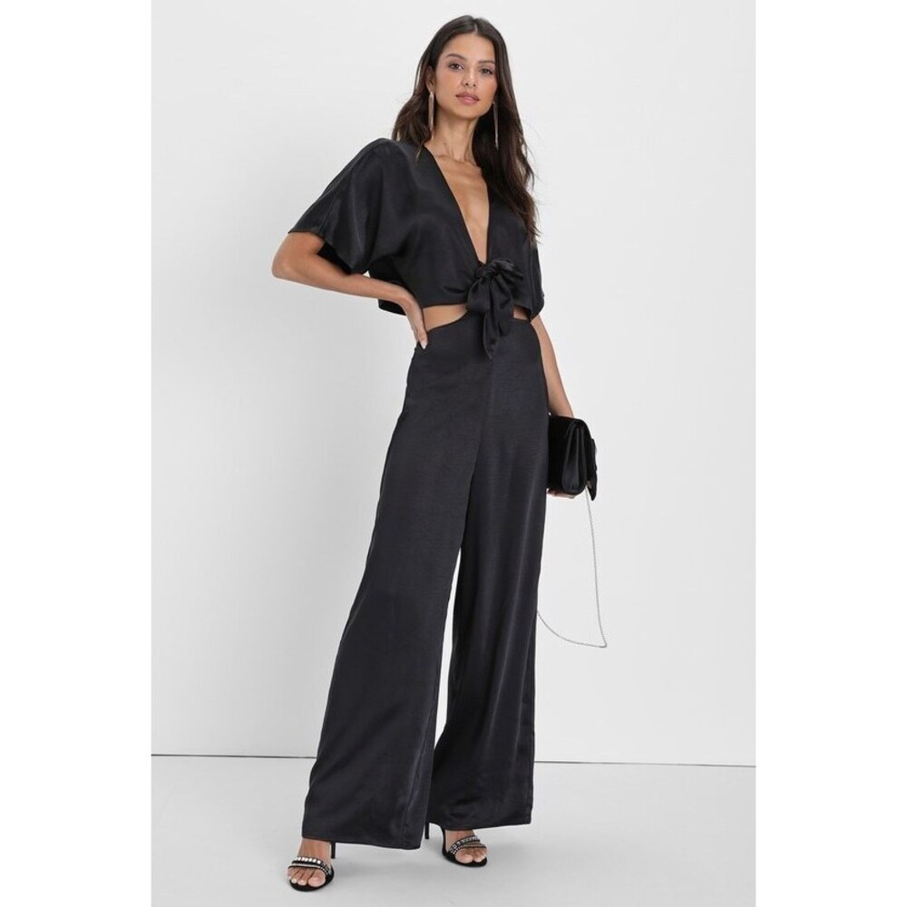 Lulus Flirt For Fun Black Tie-front Two-piece Wide-leg Jumpsuit - Size S